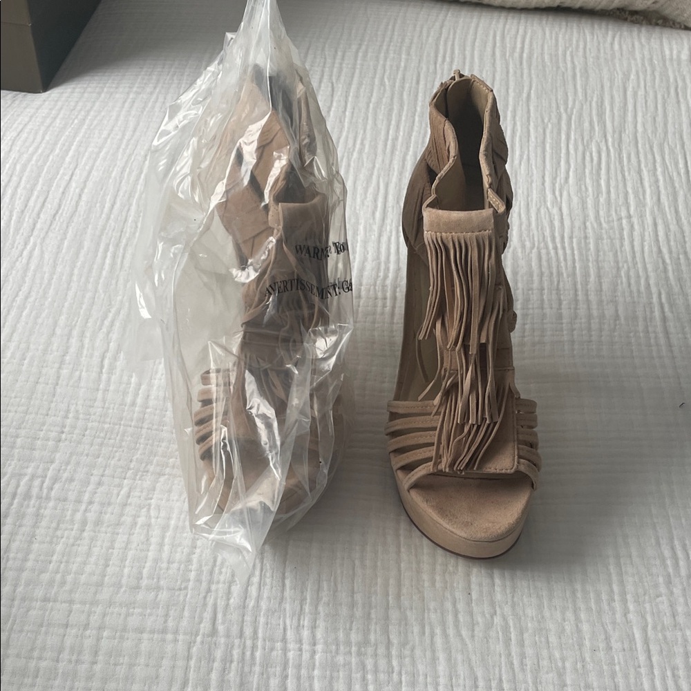 bebe Tan Fringe Heels